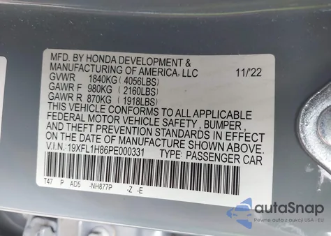 2023 Honda Civic Sport Touring z USA, uszkodzony, nr VIN 19XFL1H86PE000331